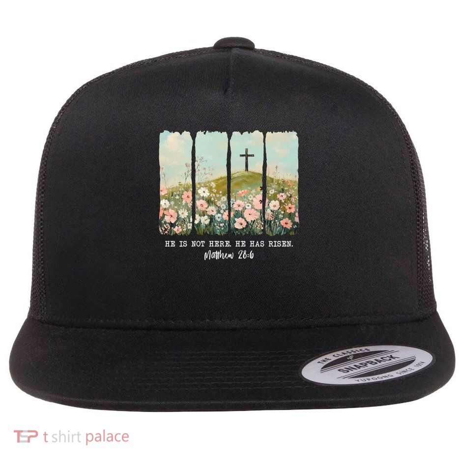 He Is Risen Christian Wildflower Happy Easter Flat Bill Trucker Hat