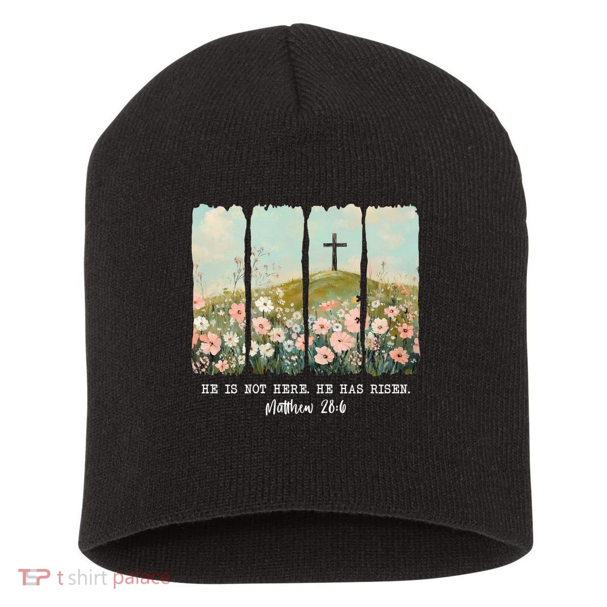 He Is Risen Christian Wildflower Happy Easter Short Acrylic Beanie