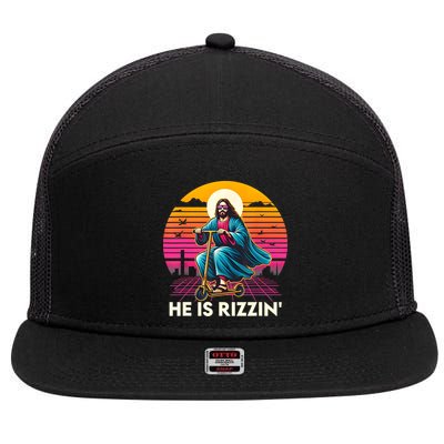 He Is Rizzen Jesus Is Rizzen Cool Jesus Jesus Has Rizzen 7 Panel Mesh Trucker Snapback Hat