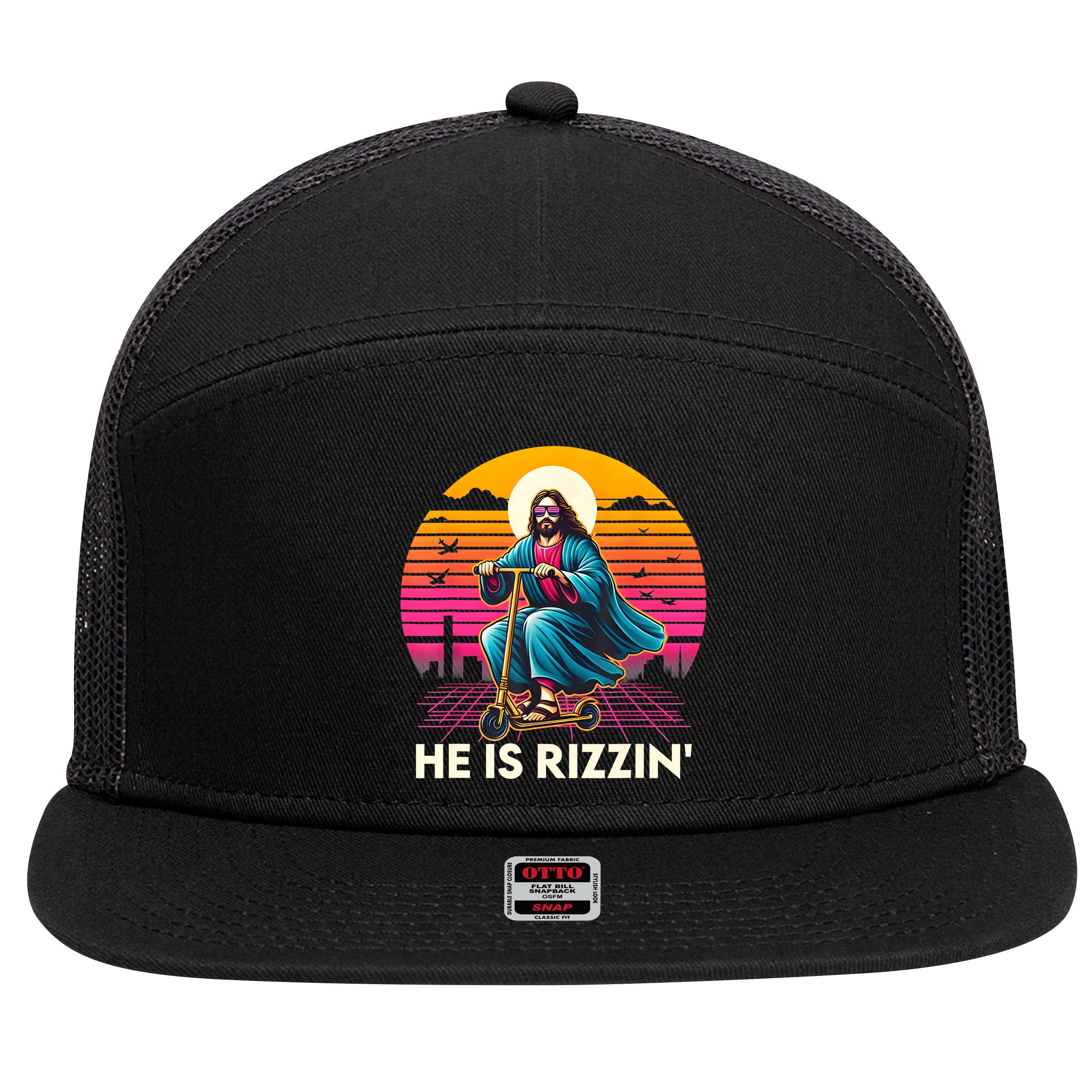 He Is Rizzen Jesus Is Rizzen Cool Jesus Jesus Has Rizzen 7 Panel Mesh Trucker Snapback Hat