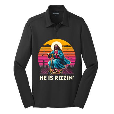 He Is Rizzen Jesus Is Rizzen Cool Jesus Jesus Has Rizzen Silk Touch Performance Long Sleeve Polo