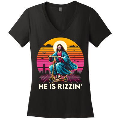 He Is Rizzen Jesus Is Rizzen Cool Jesus Jesus Has Rizzen Women's V-Neck T-Shirt