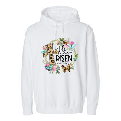 He Is Risen Jesus Christian Leopard Easter Day Floral Wreath Garment-Dyed Fleece Hoodie