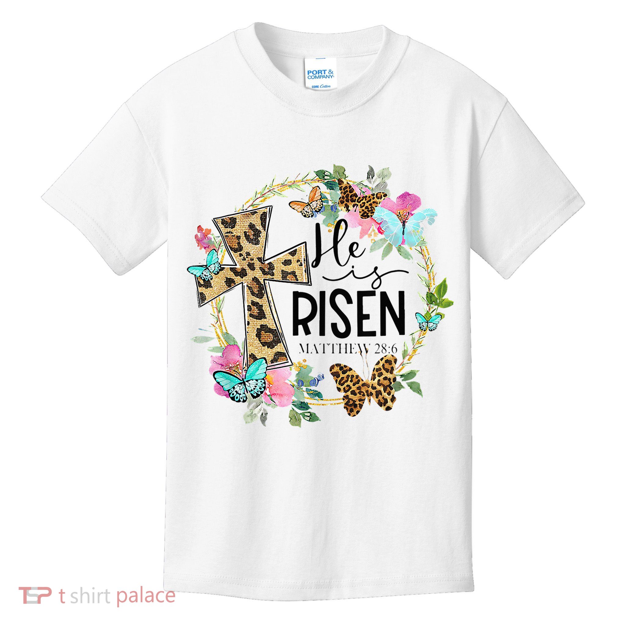 He Is Risen Jesus Christian Leopard Easter Day Floral Wreath Kids T-Shirt