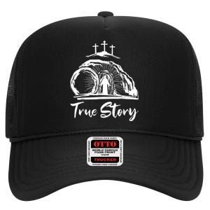 He Is Risen Cross Jesus Easter Day Christians True Story High Crown Mesh Back Trucker Hat