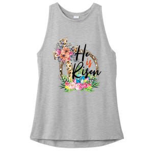 He Is Risen Cross Jesus Easter Christians Leopard Ladies PosiCharge Tri-Blend Wicking Tank