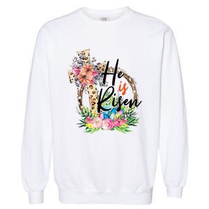 He Is Risen Cross Jesus Easter Christians Leopard Garment-Dyed Sweatshirt