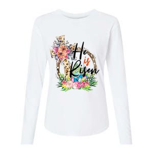 He Is Risen Cross Jesus Easter Christians Leopard Womens Cotton Relaxed Long Sleeve T-Shirt