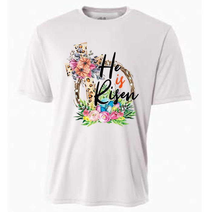 He Is Risen Cross Jesus Easter Christians Leopard Cooling Performance Crew T-Shirt