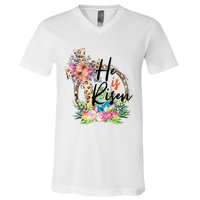 He Is Risen Cross Jesus Easter Christians Leopard V-Neck T-Shirt