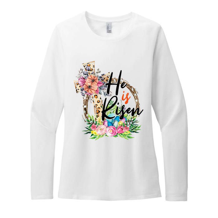 He Is Risen Cross Jesus Easter Christians Leopard Womens CVC Long Sleeve Shirt