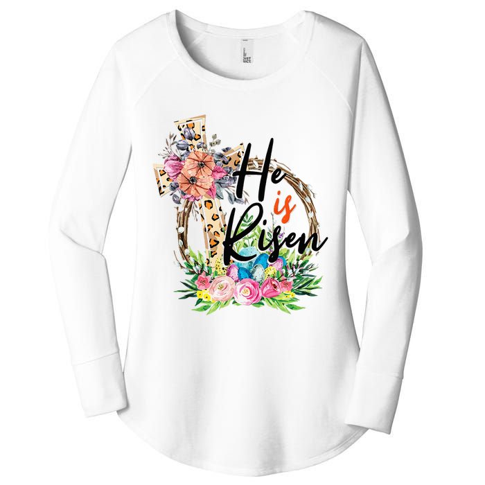 He Is Risen Cross Jesus Easter Christians Leopard Women's Perfect Tri Tunic Long Sleeve Shirt