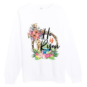 He Is Risen Cross Jesus Easter Christians Leopard Premium Crewneck Sweatshirt