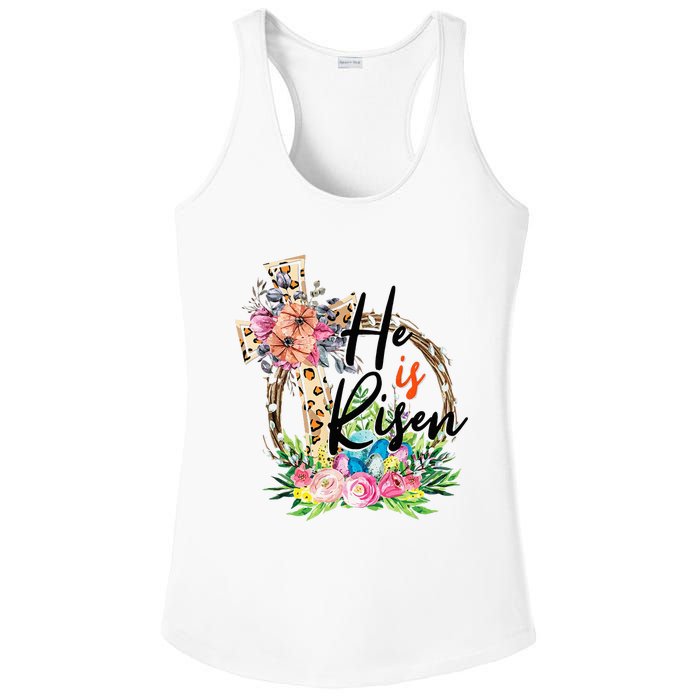 He Is Risen Cross Jesus Easter Christians Leopard Ladies PosiCharge Competitor Racerback Tank