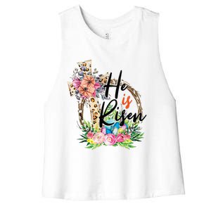 He Is Risen Cross Jesus Easter Christians Leopard Women's Racerback Cropped Tank