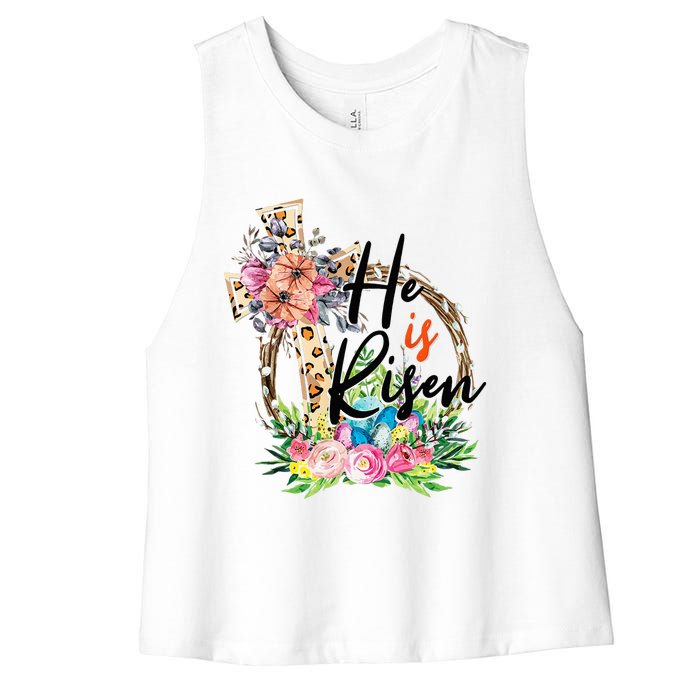 He Is Risen Cross Jesus Easter Christians Leopard Women's Racerback Cropped Tank