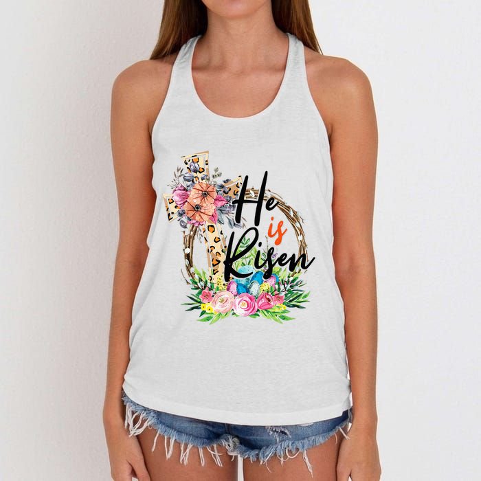 He Is Risen Cross Jesus Easter Christians Leopard Women's Knotted Racerback Tank