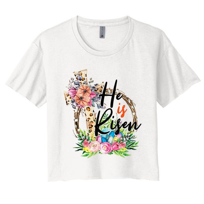 He Is Risen Cross Jesus Easter Christians Leopard Women's Crop Top Tee