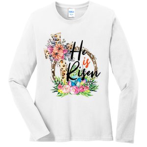 He Is Risen Cross Jesus Easter Christians Leopard Ladies Long Sleeve Shirt