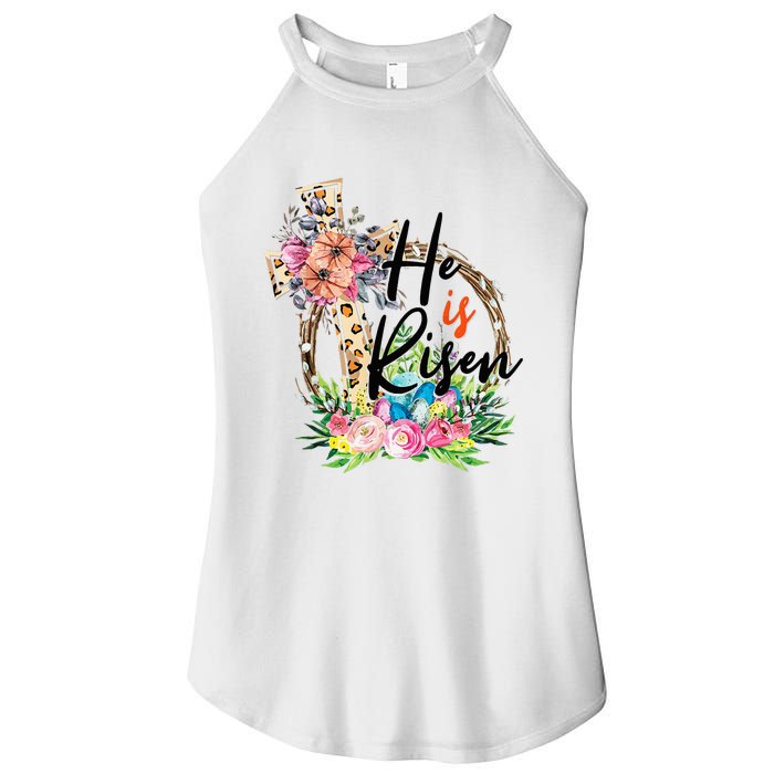 He Is Risen Cross Jesus Easter Christians Leopard Women's Perfect Tri Rocker Tank