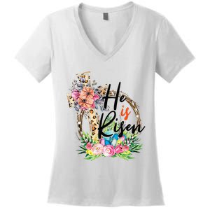 He Is Risen Cross Jesus Easter Christians Leopard Women's V-Neck T-Shirt