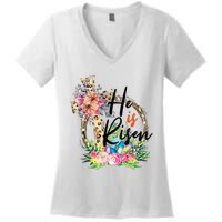 He Is Risen Cross Jesus Easter Christians Leopard Women's V-Neck T-Shirt