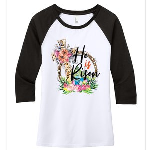 He Is Risen Cross Jesus Easter Christians Leopard Women's Tri-Blend 3/4-Sleeve Raglan Shirt