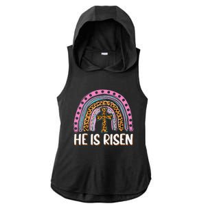 He Is Risen Leopard Rainbow Christian Jesus Happy Easter Day Ladies PosiCharge Tri-Blend Wicking Draft Hoodie Tank