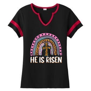 He Is Risen Leopard Rainbow Christian Jesus Happy Easter Day Ladies Halftime Notch Neck Tee