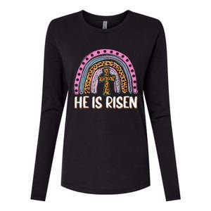 He Is Risen Leopard Rainbow Christian Jesus Happy Easter Day Womens Cotton Relaxed Long Sleeve T-Shirt