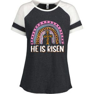 He Is Risen Leopard Rainbow Christian Jesus Happy Easter Day Enza Ladies Jersey Colorblock Tee