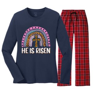 He Is Risen Leopard Rainbow Christian Jesus Happy Easter Day Women's Long Sleeve Flannel Pajama Set 