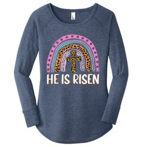 He Is Risen Leopard Rainbow Christian Jesus Happy Easter Day Women's Perfect Tri Tunic Long Sleeve Shirt