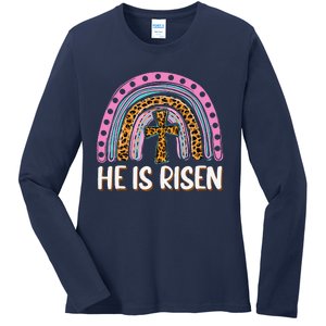 He Is Risen Leopard Rainbow Christian Jesus Happy Easter Day Ladies Long Sleeve Shirt