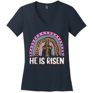 He Is Risen Leopard Rainbow Christian Jesus Happy Easter Day Women's V-Neck T-Shirt