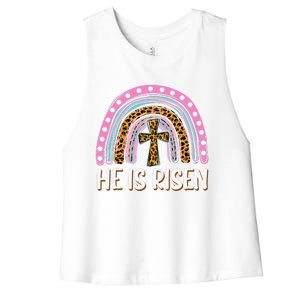 He Is Risen Leopard Rainbow Christian Jesus Happy Easter Day Women's Racerback Cropped Tank