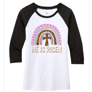 He Is Risen Leopard Rainbow Christian Jesus Happy Easter Day Women's Tri-Blend 3/4-Sleeve Raglan Shirt