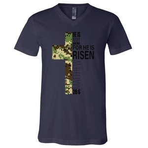 He Is Risen Christian Easter Verse Green Camo Cross V-Neck T-Shirt