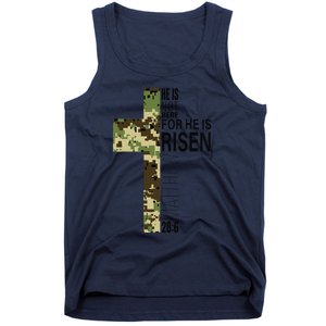 He Is Risen Christian Easter Verse Green Camo Cross Tank Top