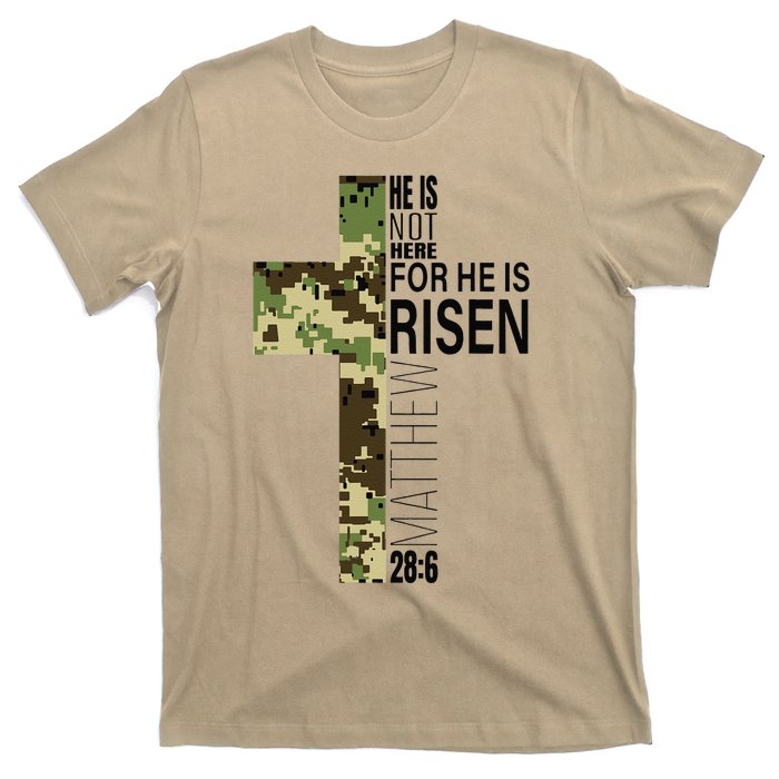 He Is Risen Christian Easter Verse Green Camo Cross T-Shirt