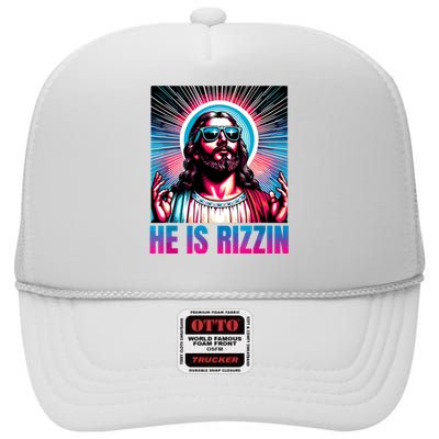 He Is Rizzin Jesus Is Rizzen High Crown Mesh Back Trucker Hat