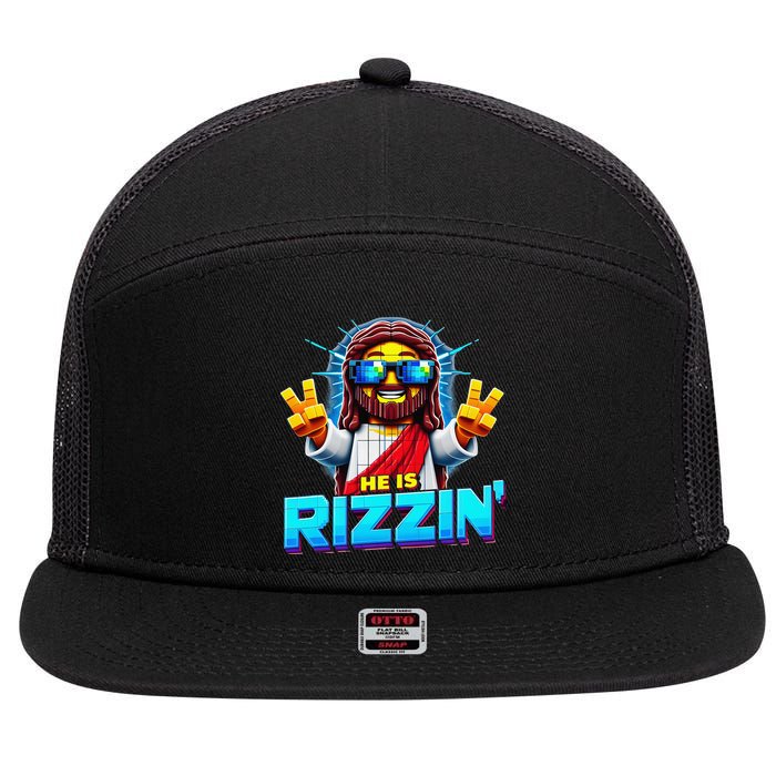 He Is Rizzen Jesus Has Rizzen Retro Christian Pixel Gaming Gift 7 Panel Mesh Trucker Snapback Hat
