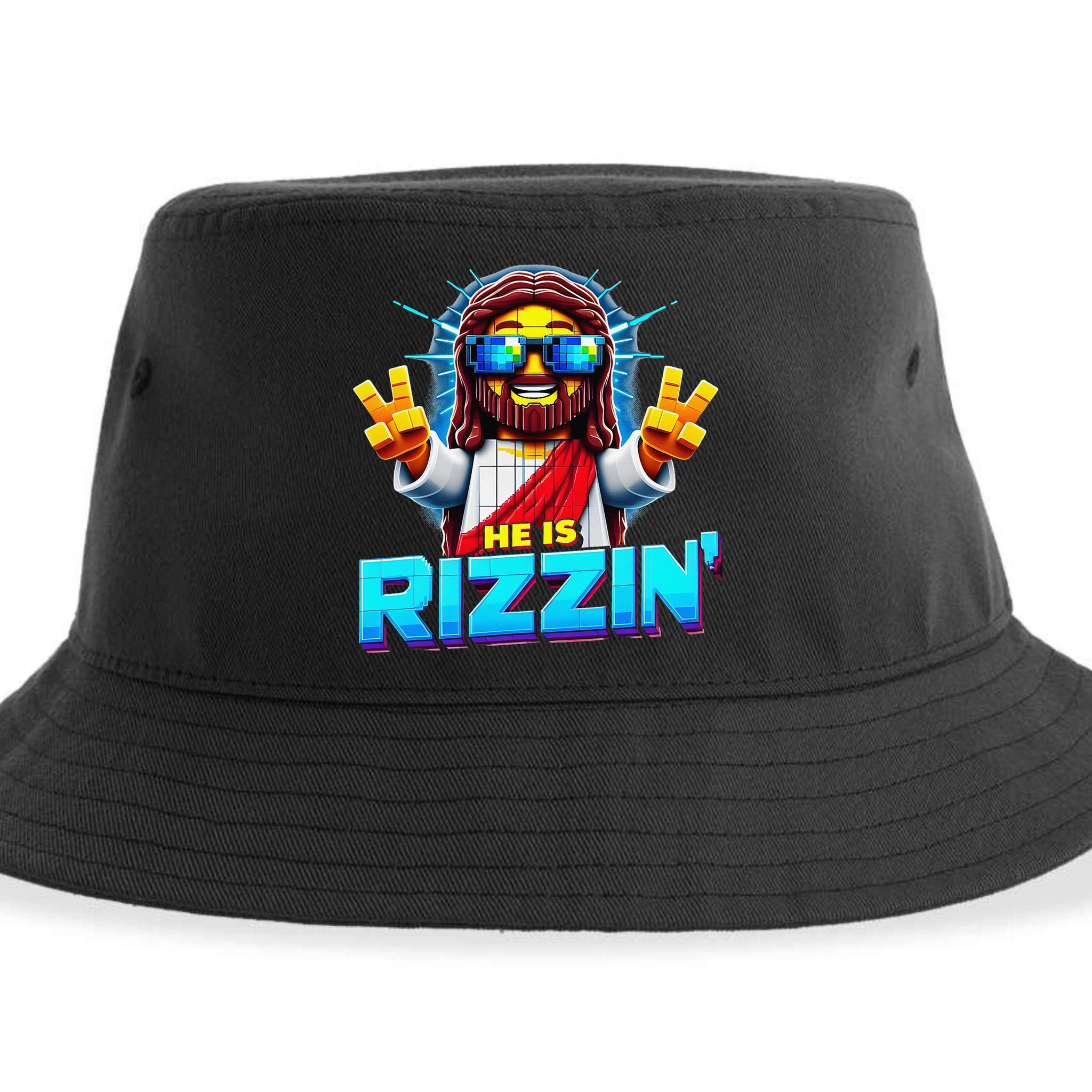 He Is Rizzen Jesus Has Rizzen Retro Christian Pixel Gaming Gift Sustainable Bucket Hat