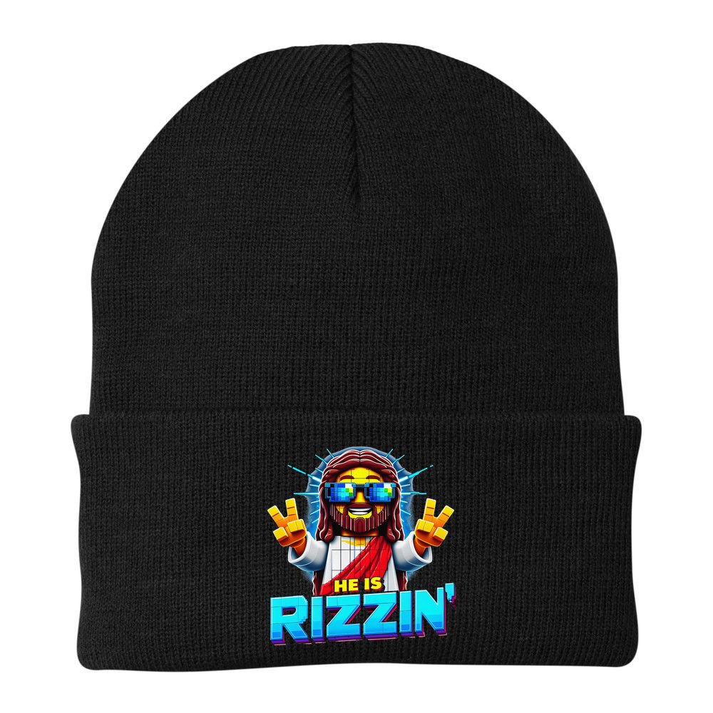 He Is Rizzen Jesus Has Rizzen Retro Christian Pixel Gaming Gift Beanie