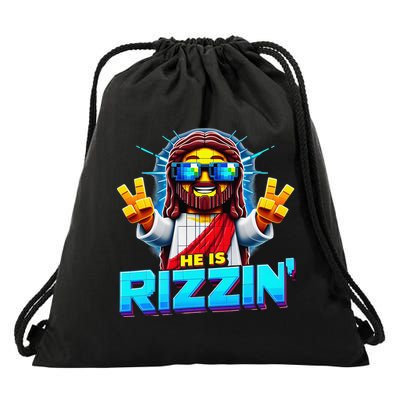 He Is Rizzen Jesus Has Rizzen Retro Christian Pixel Gaming Gift Drawstring Bag