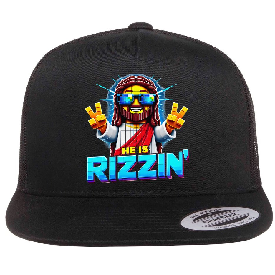 He Is Rizzen Jesus Has Rizzen Retro Christian Pixel Gaming Gift Flat Bill Trucker Hat