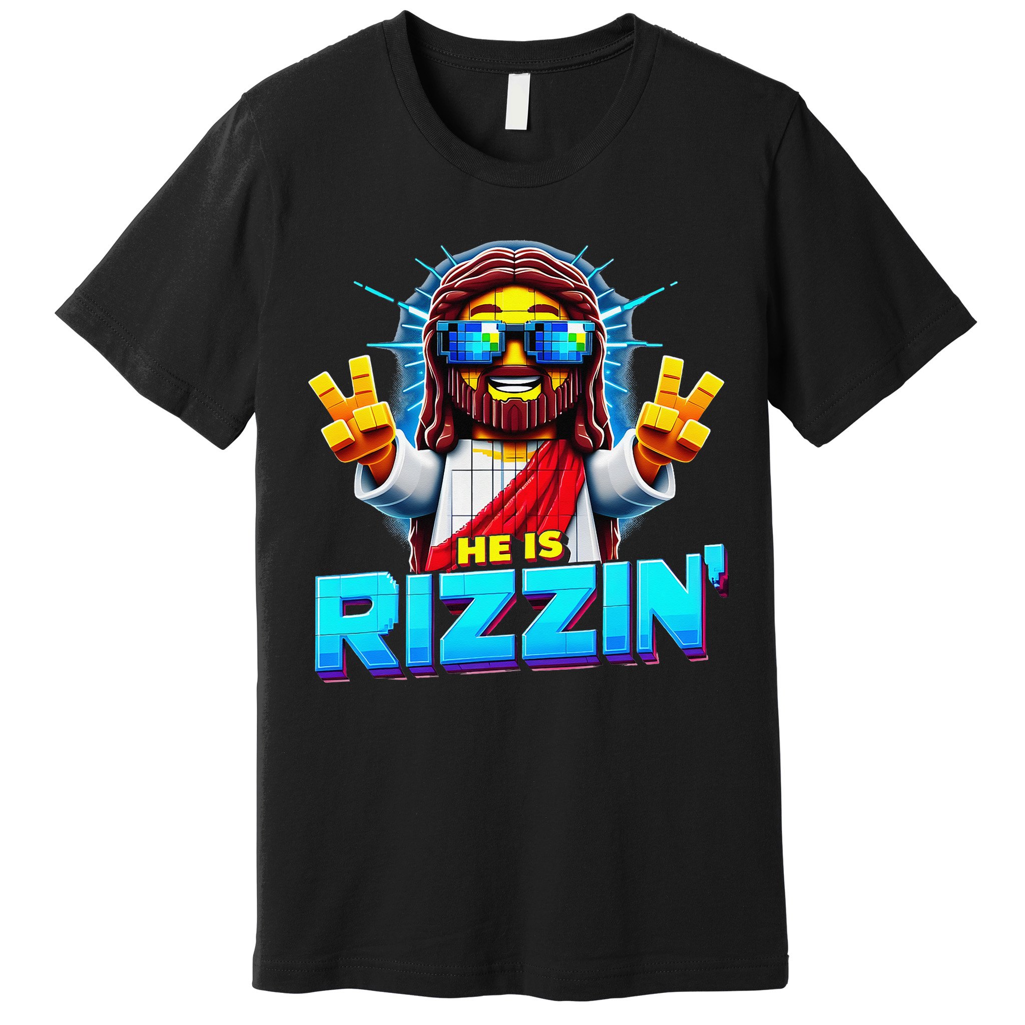 He Is Rizzen Jesus Has Rizzen Retro Christian Pixel Gaming Gift Premium T-Shirt