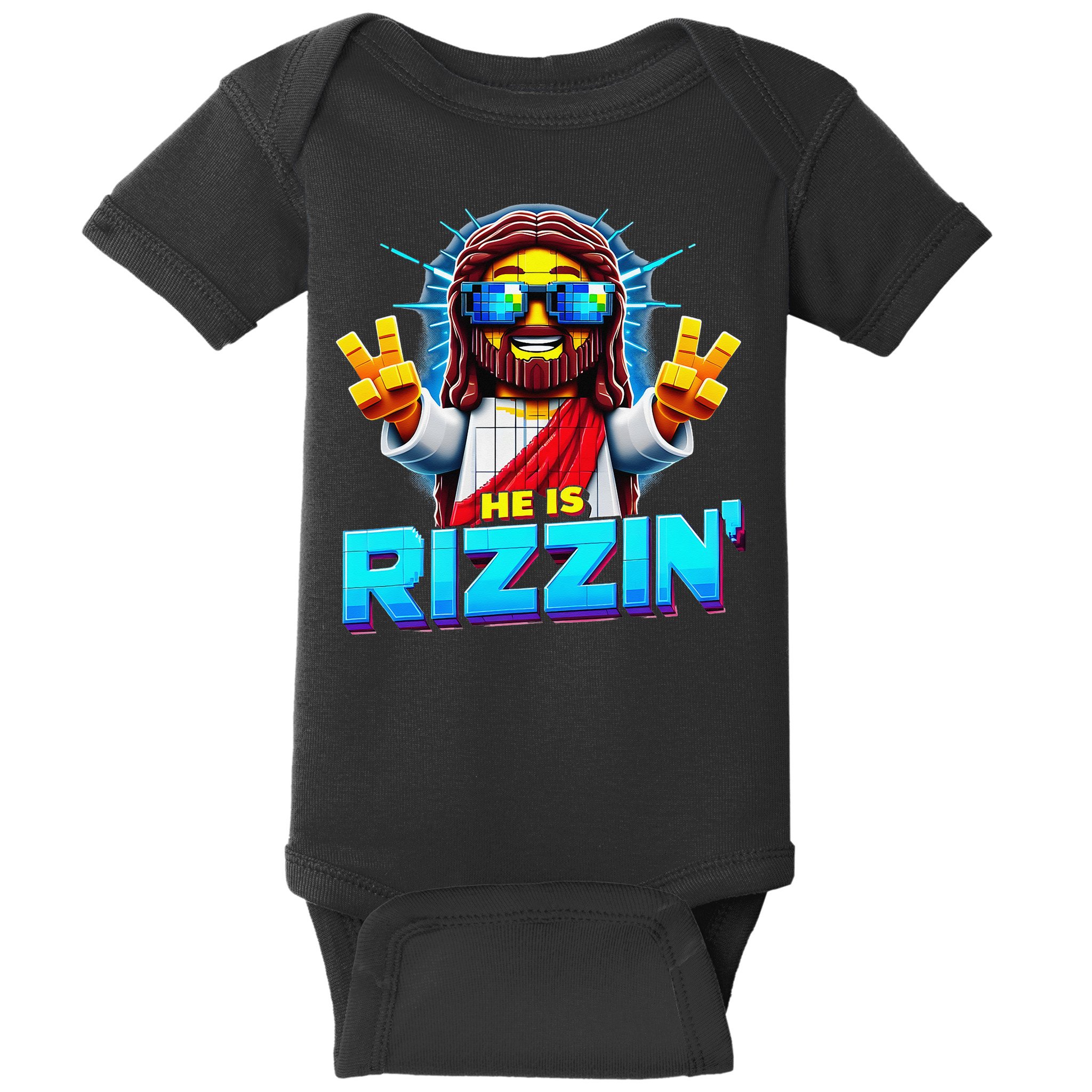 He Is Rizzen Jesus Has Rizzen Retro Christian Pixel Gaming Gift Baby Bodysuit