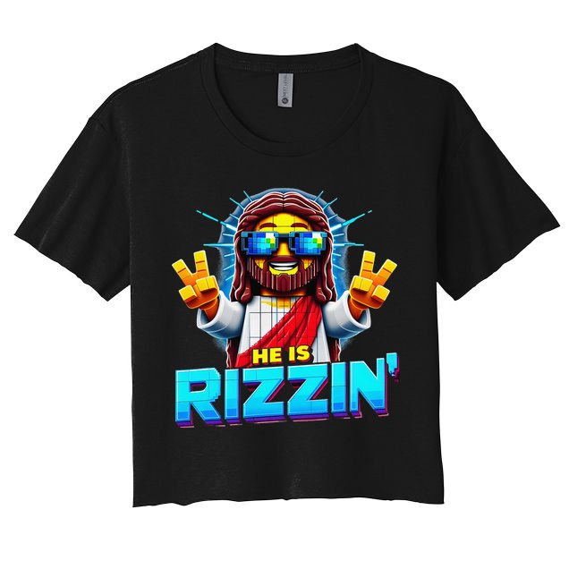 He Is Rizzen Jesus Has Rizzen Retro Christian Pixel Gaming Gift Women's Crop Top Tee