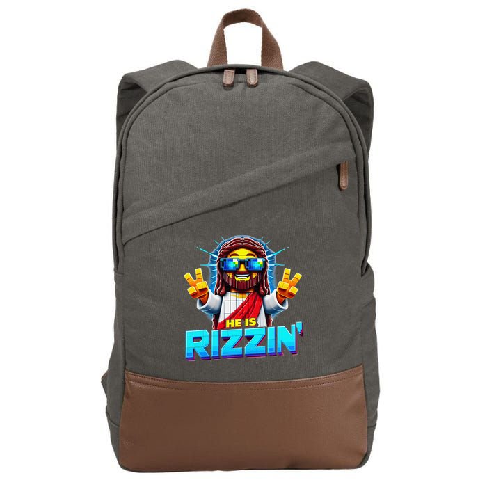 He Is Rizzen Jesus Has Rizzen Retro Christian Pixel Gaming Gift Cotton Canvas Backpack